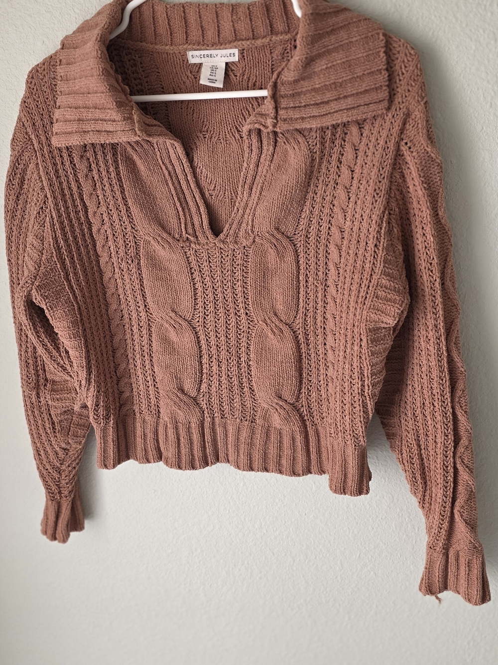Sincerly Jules Dusty Rose Cable Knit V-Neck Sweater
